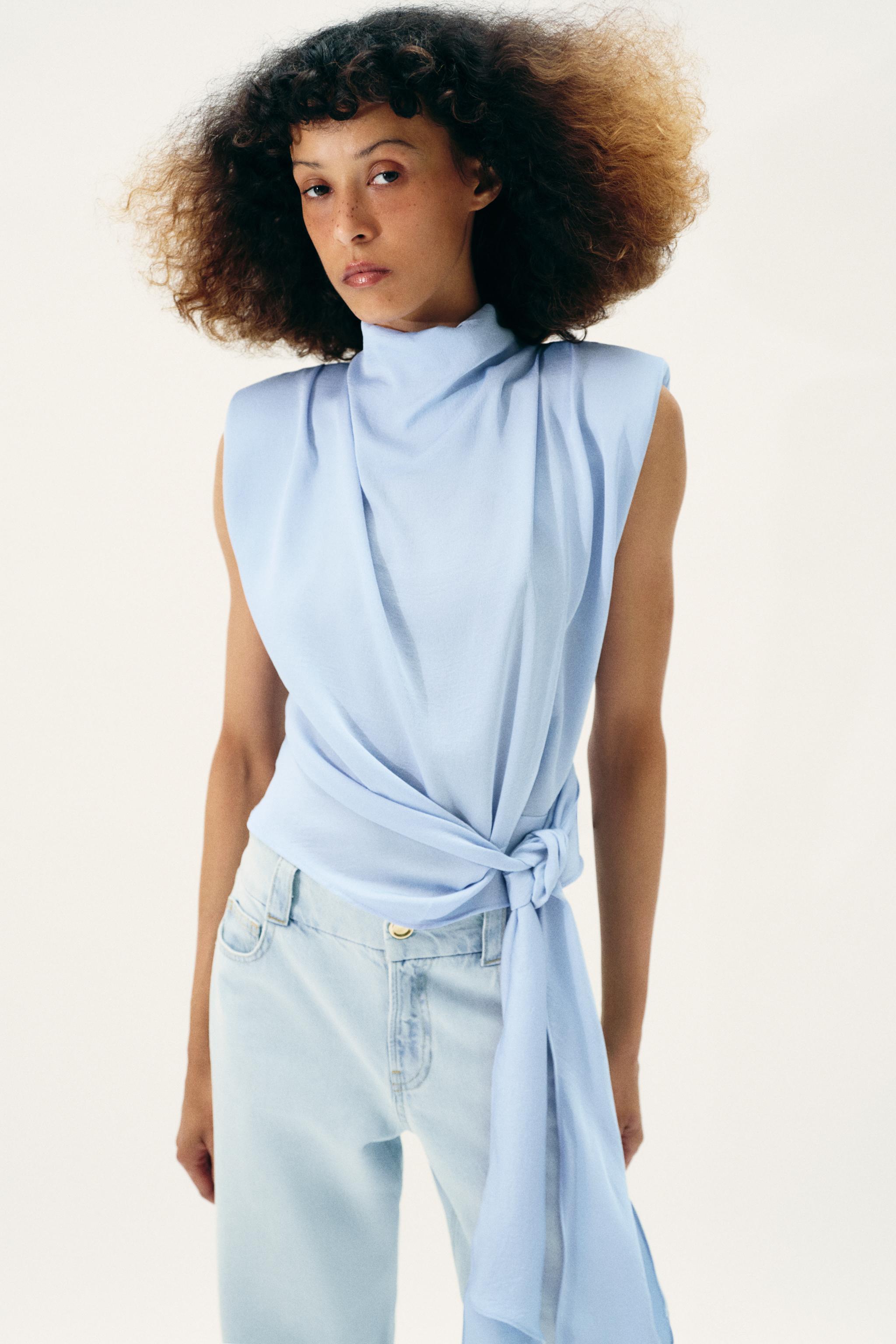 SATIN EFFECT SHOULDER PAD TIE TOP